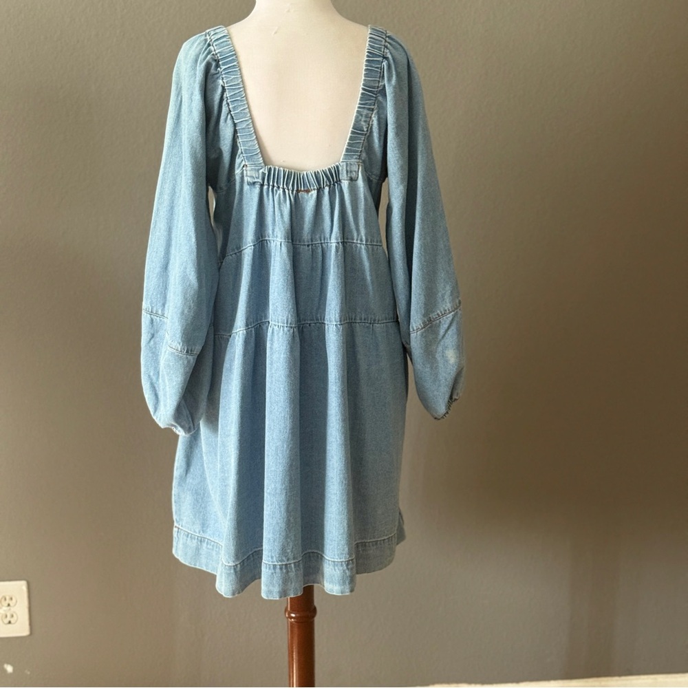 Free People Blue Jean Babydoll denim mini dress Sz XL Fall western boho chic - Picture 7 of 11